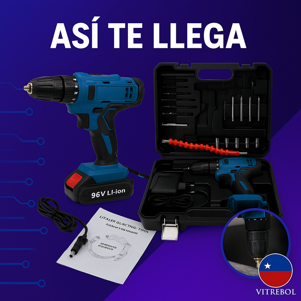 "Taladro Inalámbrico con 2 Baterías de 96 v - Incluye set de accesorios