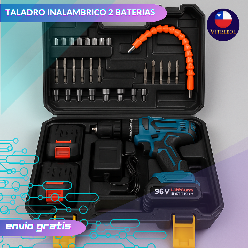"Taladro Inalámbrico con 2 Baterías de 96 v - Incluye set de accesorios